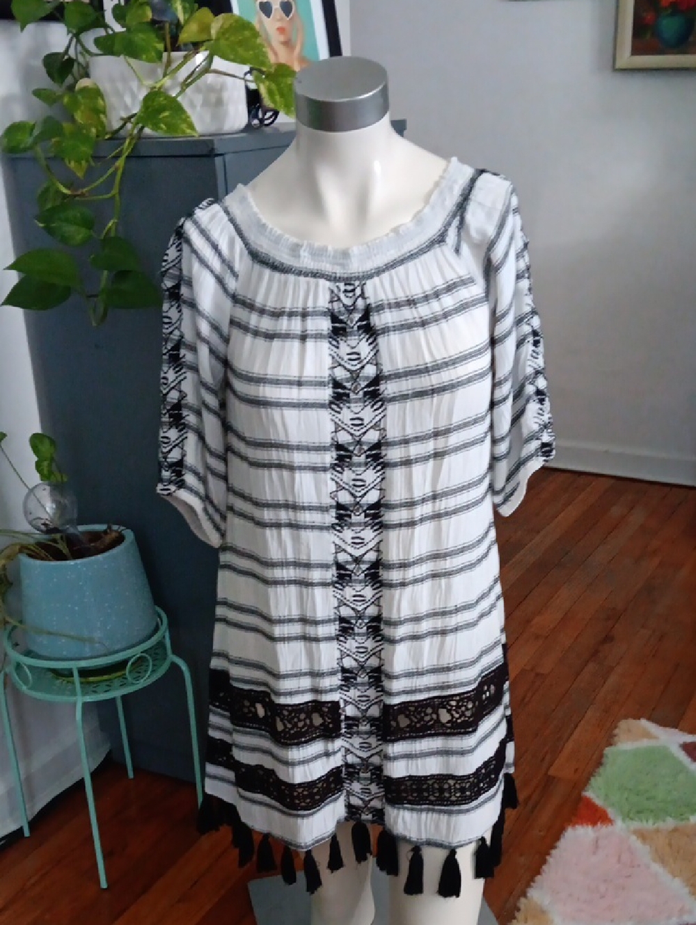 Boho Black & White Striped Tassel Tunic Top
